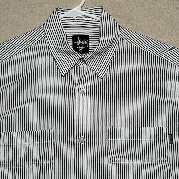 Stussy Shirt Mens Large Striped Button Up Pocket Made USA 90s Skater Streetwear - Picture 3 of 10